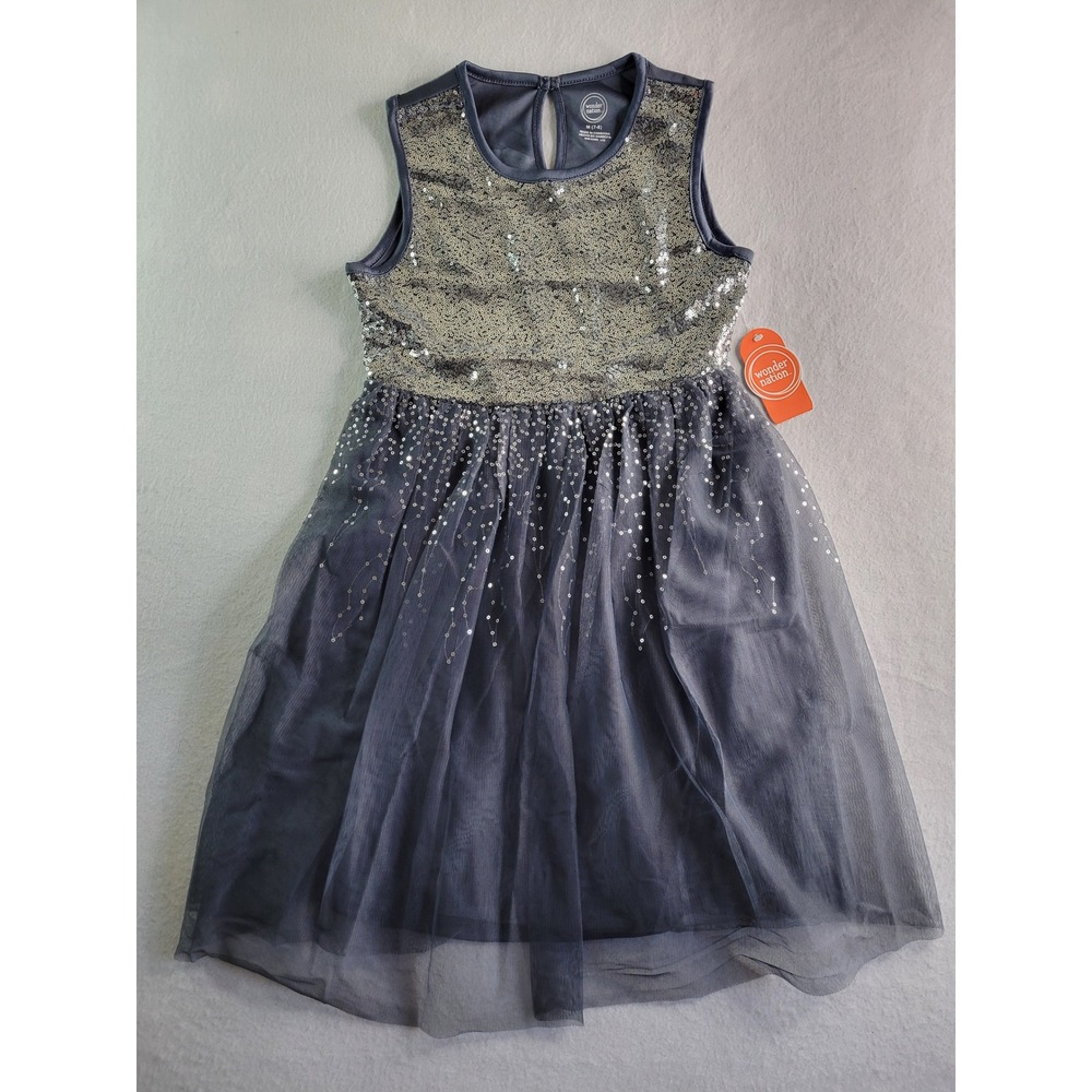 Wonder Nation Girls Silver Sequin Tulle Party Dress Grey Sleeveless Sz M 7-8 NWT